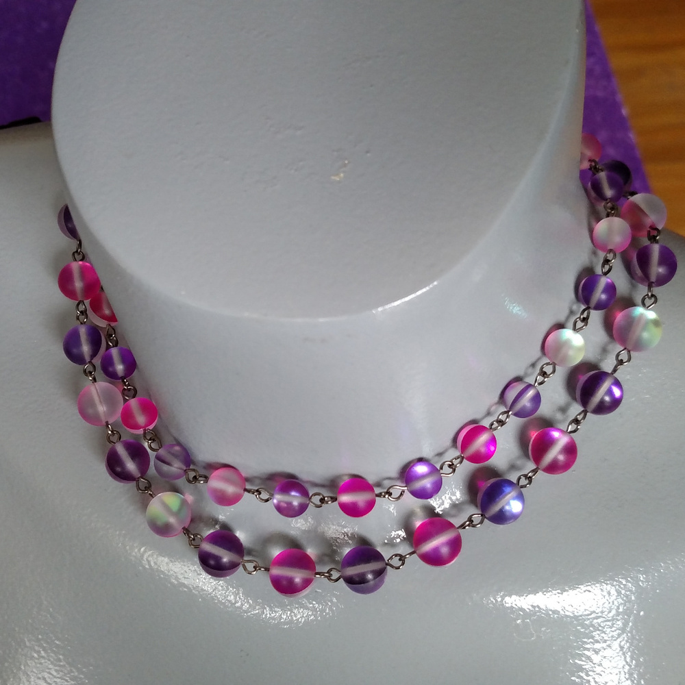Purple pink glass double strand choker necklace